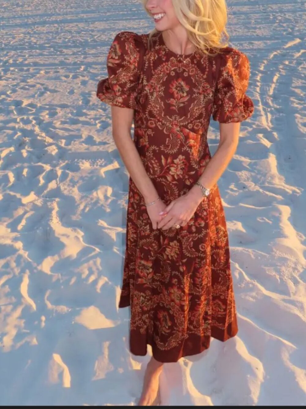Alemais Brown Floral Midi Dress with Rust and Cream Accents
